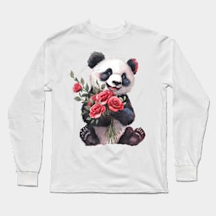 Valentine Panda Bear Giving Flowers Long Sleeve T-Shirt